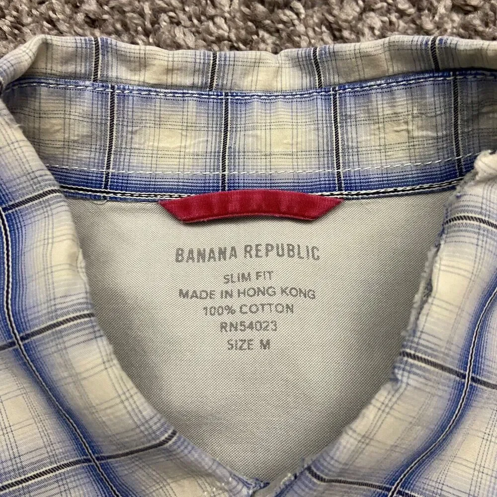 Western Shirt Pearl Snap Plaid Long Sleeve Banana Republic Slim Fit Medium Blue